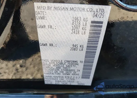 2025 Nissan Altima Sv из США, поврежденный, VIN 1N4BL4DV9SN392257